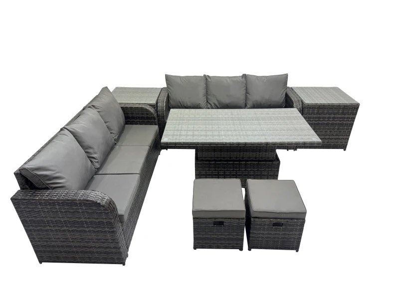 Image of Fimous Rattan Garden Furniture Set 8-seater with 2 Side Table 2 Small Stools in Dark Grey Dark Grey Unisex