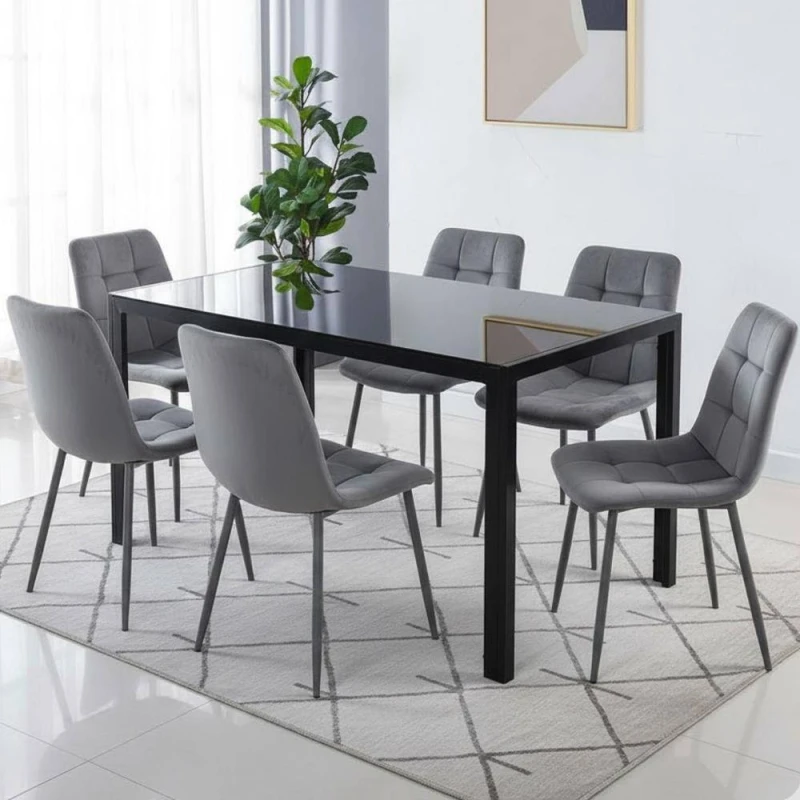 Image of KOSY KOALA Modern Black Glass Dining Table Set with 6 Grey velvet Chairs Size: 120cm x 70cm Black Unisex 120cm x 70 cm
