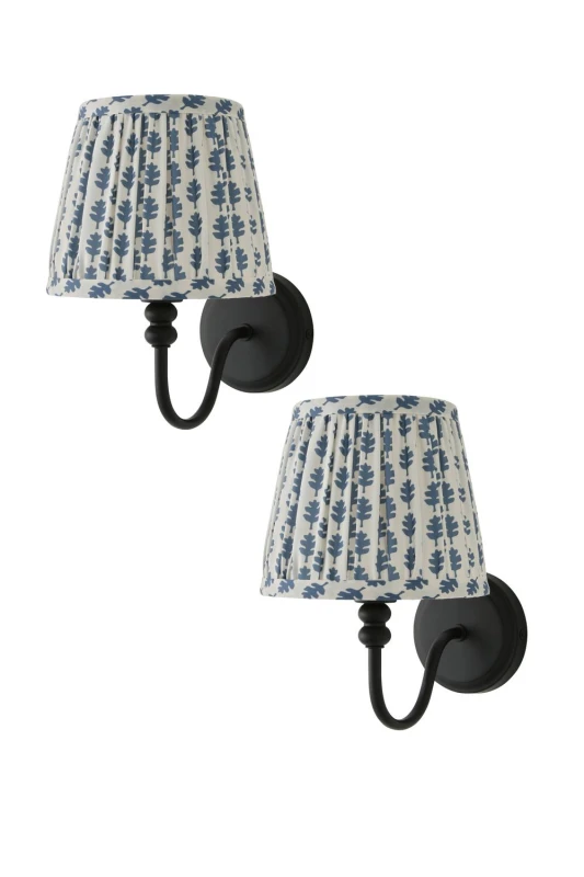 Image of ValueLights Binky Pair of Rechargeable Black Wall Lights & Floral Pleated Shades in Mid Blue Mid Blue Unisex