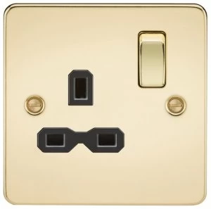 image of 10 PACK - Flat plate 13A 1G DP switched socket - polished brass with Black insert