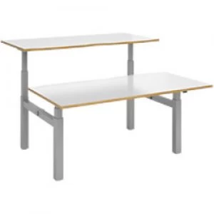 image of Elev8² Rectangular Sit Stand Back to Back Desk with White & Oak Coloured Melamine Top and Silver Frame 4 Legs Touch 1600 x 1650 x 675 - 1300 mm