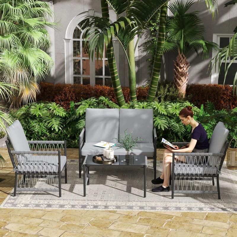 Image of Outsunny 4 Seater Rattan Garden Sofa Set With Glass Top Coffee Table - Grey TJ Hughes 5063603898486