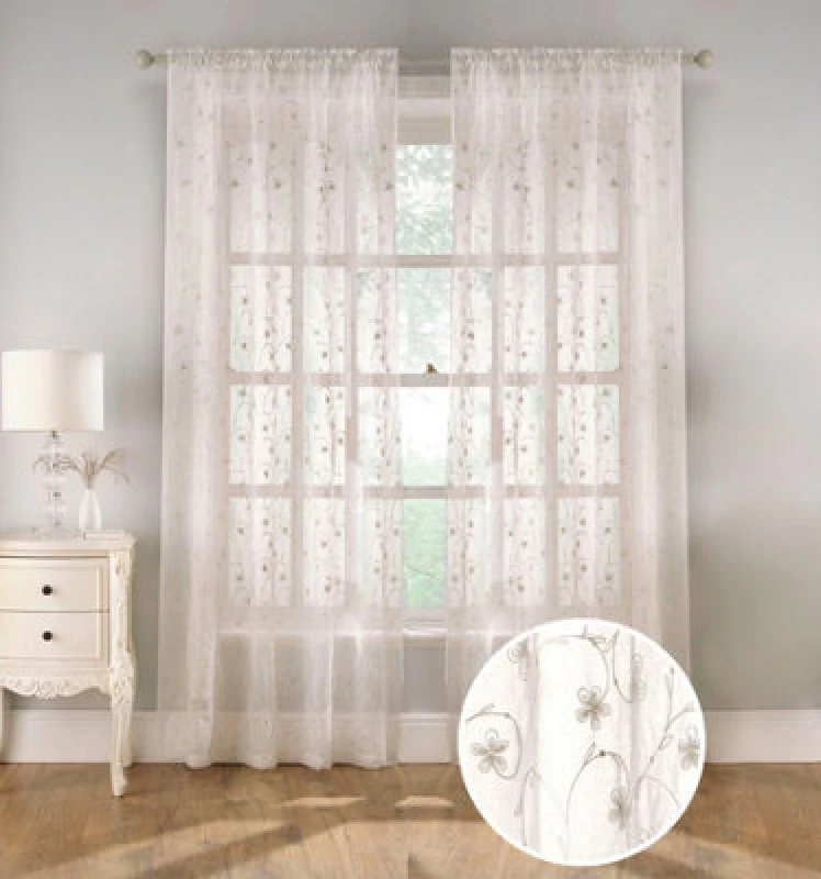 Image of Tyrone Textiles Embroidered Voile Panel with Floral Pattern on Linen-Look Fabric - Pair Cream