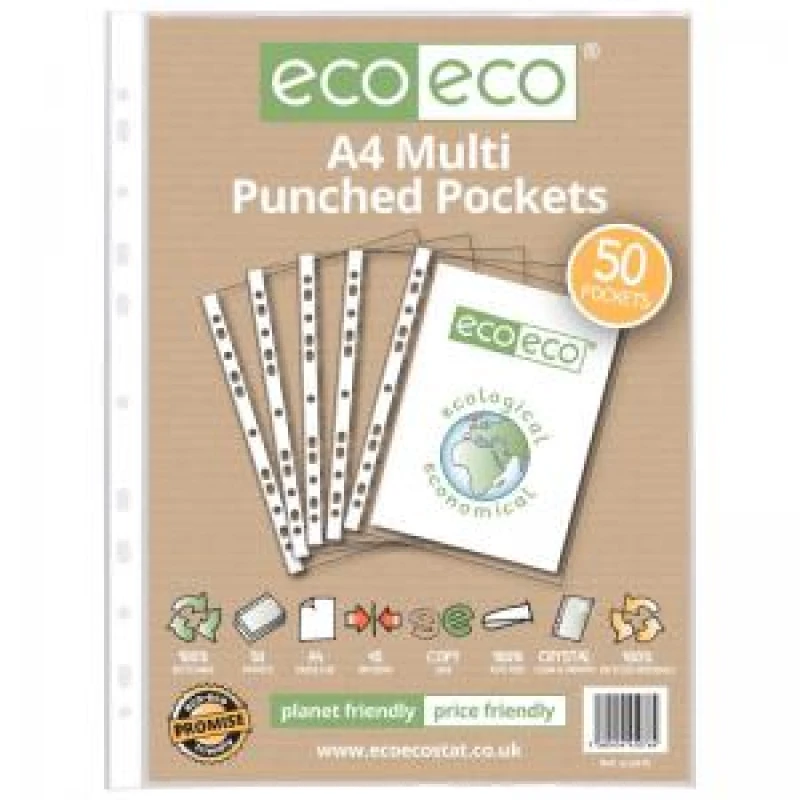 Image of Eco Eco 100% Recycled Punched Pocket A4 Clear (50 Pack) eco148-S