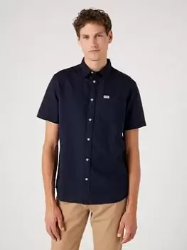 Image of Wrangler Small Logo Short Sleeve Oxford Shirt - Navy, Size XL, Men