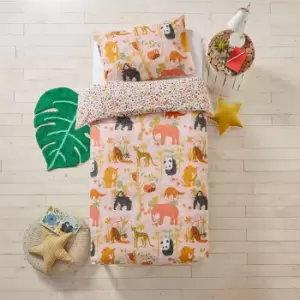 Image of Furn. Endangered Floral 100% Cotton Duvet Cover and Pillowcase Set Yellow/Green/Coral