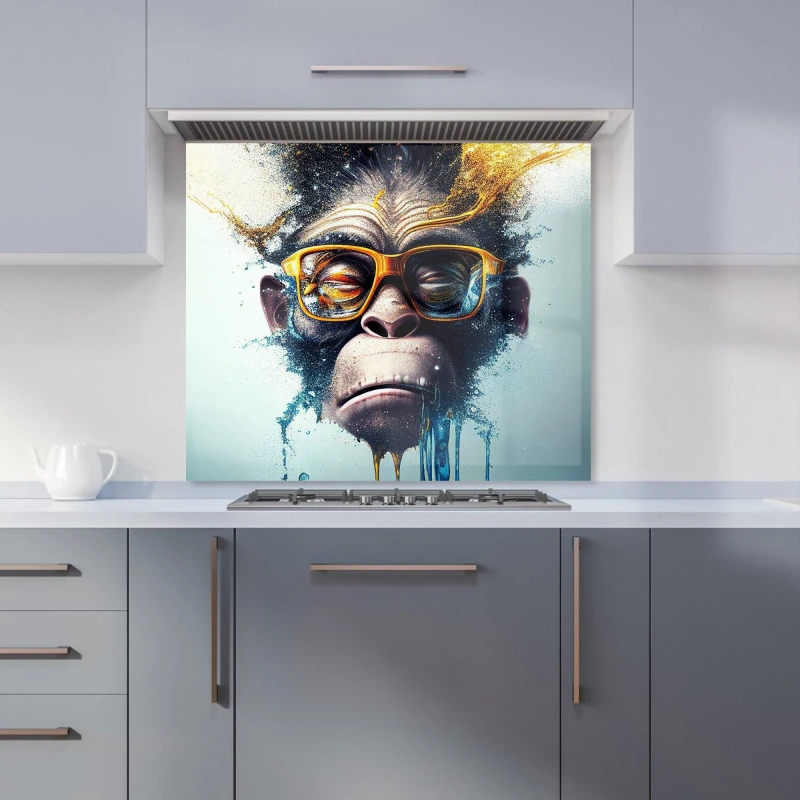 Image of Warren Reed - Designer Monkey With Glasses Splashart Kitchen Splashback in Blue Size: 700mm x 650mm Blue Unisex 700mm x 650mm