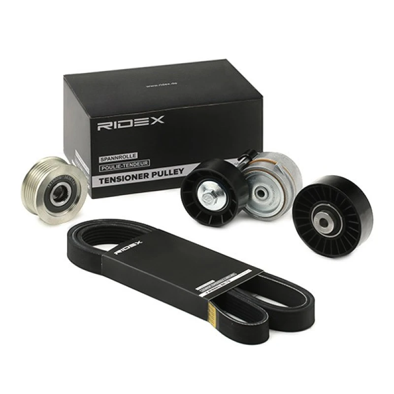 Image of RIDEX 542R0707 V-ribbed belt set Check alternator freewheel clutch & replace if necessary, Pulleys: with freewheel belt pulley V-Ribbed Belt Set (542