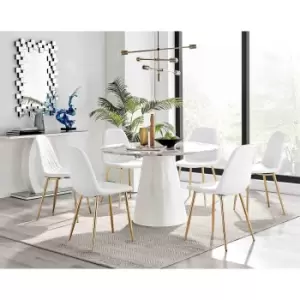 Image of Furniture Box Palma White Marble Effect Round Dining Table and 6 White Corona Gold Leg Chairs