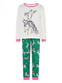 Image of Monsoon Girls Christmas Unicorn Jersey Pyjamas - Green, Size 9-10 Years, Women