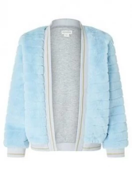 Image of Monsoon Girls Blue Faux Fur Bomber Jacket - Blue, Size 9-10 Years, Women