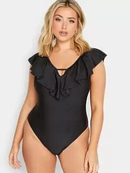 Image of Yours Glam Frill Plunge Swimsuit Black, Size 18, Women