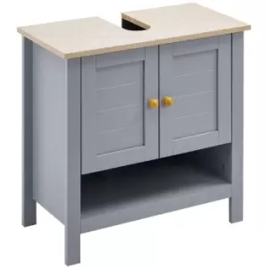 image of Kleankin Bathroom Pedestal Under Sink Cabinet with Storage Shelf & Double Door - Grey