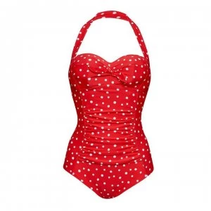 image of Figleaves Underwired Boyleg Bunny Tie Swimsuit - RED/WHITE SPOT