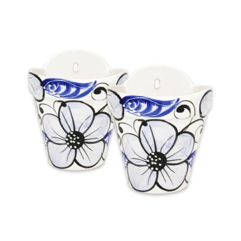 Image of Verano Spanish Ceramics Blue Flowers Hand Painted Set of 2 Outdoor Garden Hanging Plant Pots (D) 22cm Blue unisex