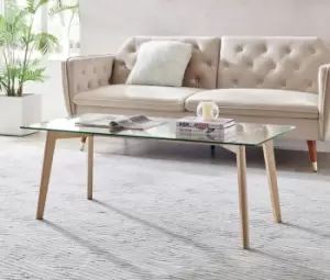 Image of Malmo Beech Wood Scandi Inspired Coffee Table With Rectangular Tempered Glass Top and Wooden Legs
