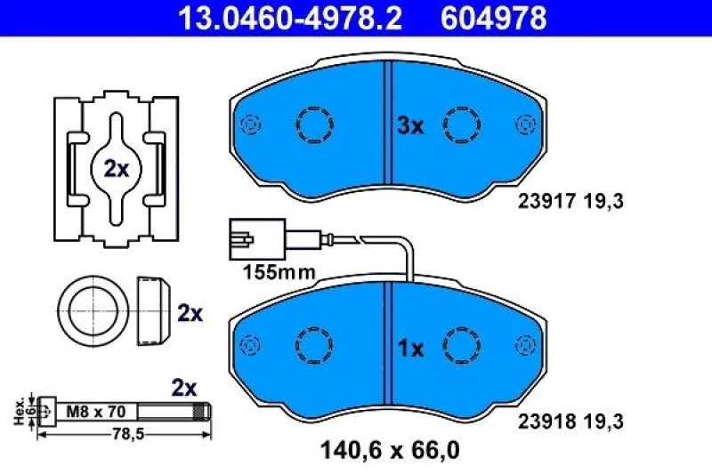 Image of ATE 13.0460-4978.2 Brake pad set incl. wear warning contact, with accessories, with brake caliper screws Brake Pad Set,disc brake (402)