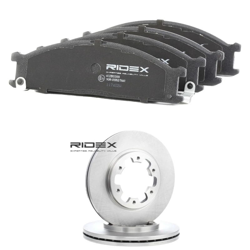 Image of RIDEX 3405B1981 Brake disc and pads set Front Axle, Brake Disc Type: Vented, with acoustic wear warning Brake Set,disc brakes (3405)