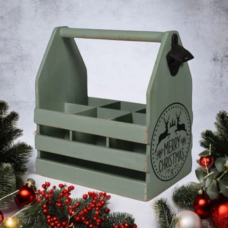 Image of Minster 6 Bottle Holder With Opener - L19 X W27 X H30 Cm - Rustic Green