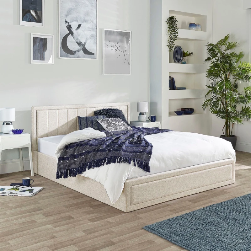 Image of Aspire Aspire Castleton Linen Quilted Headboard Ottoman Bed in Natural Size: King Natural King Unisex 5057632302144