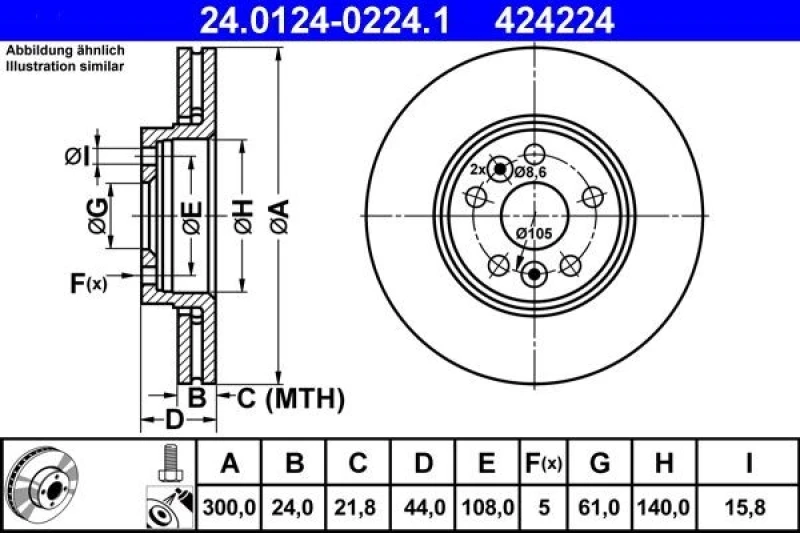 Image of ATE 24.0124-0224.1 Brake disc Vented, Coated, High-carbon, with bolts/screws Brake Disc (82)