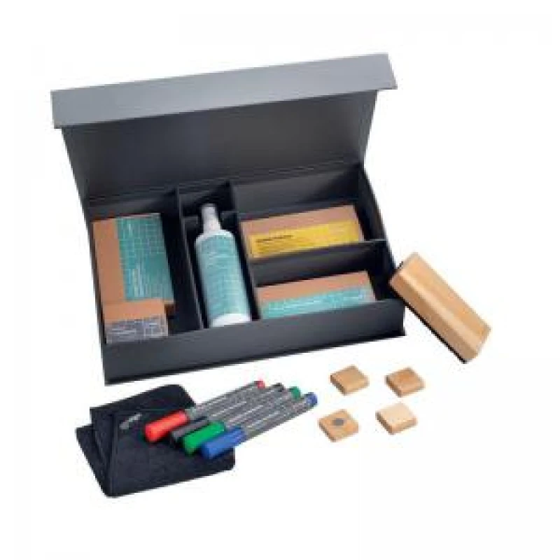 Image of Starter set for boards - 4x Board Markers, 4x Wooden Square Magnets, 1x Wooden Board Eraser, 1x Spare Pad, 1x Magnetic Cleaning Cloth, 1x Cleaning S