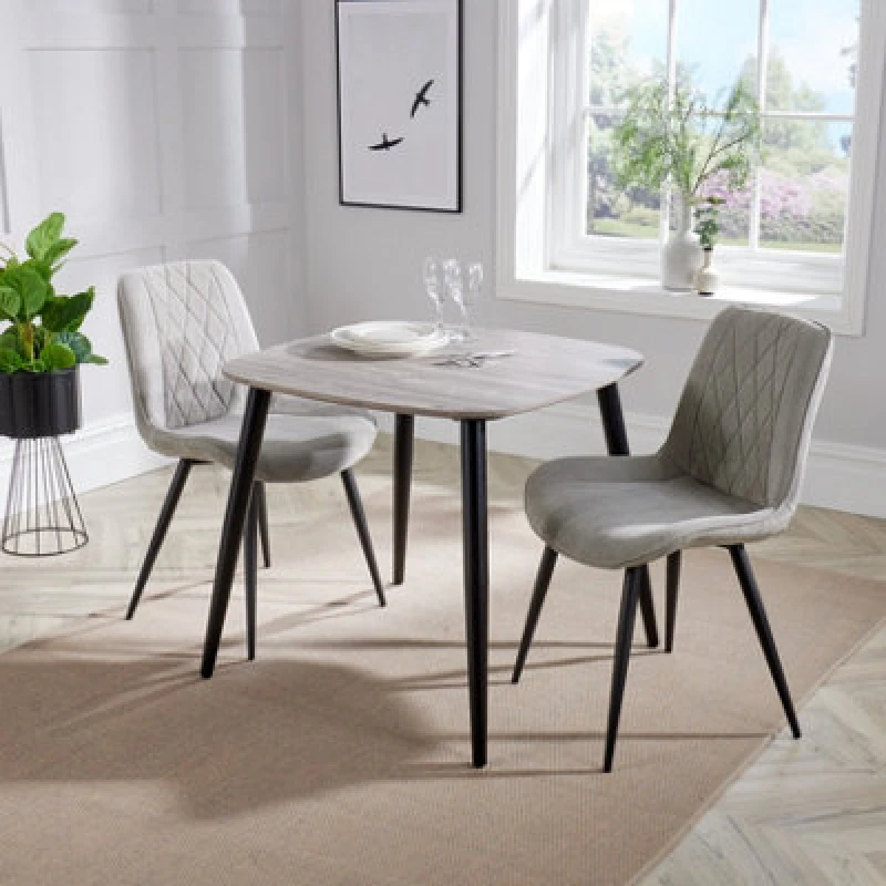 Image of Core Products Aspen Grey Oak Effect 80Cm Square Dining Table With 2 Light Grey Cord Fabric Diamond Stitch Design Chairs