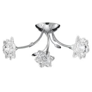 Image of 3 Light Flower Design Semi Flush Multi Arm Ceiling Light Chrome and Glass, G9