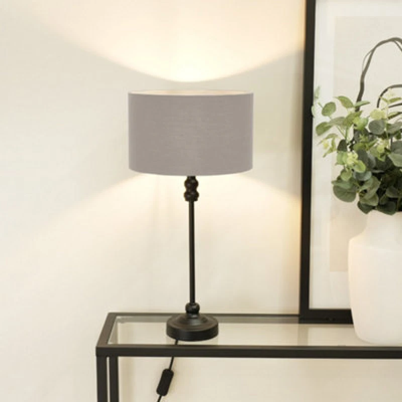 Image of ValueLights Maggie Black Metal Candlestick Table Lamp with Fabric Drum Shade and LED Bulb Grey