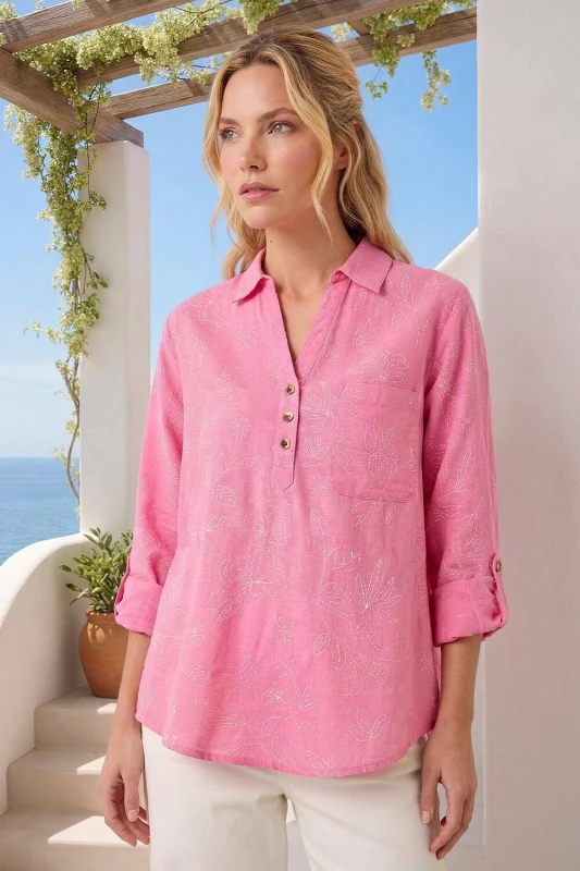 Image of Roman Womens Floral Print Collar V-Neck Shirt in Pink Size: 18 Pink Female 18