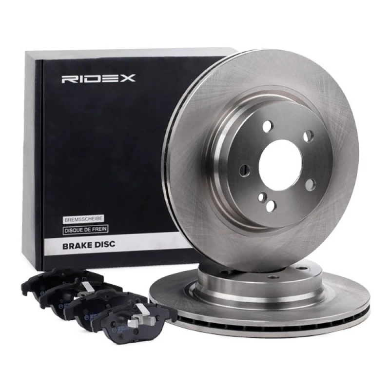 Image of RIDEX 3405B1261 Brake disc and pads set Rear Axle, Brake Disc Type: internally vented, prepared for wear warning indicator, with piston clip Brake Se