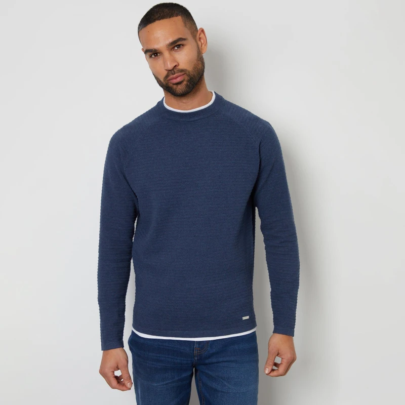 Image of Threadbare Threadbare Textured Mock T-Shirt Crew Neck Jumper - Blue 2XL Male
