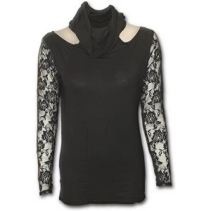 Image of Gothic Elegance Lace Sleeve Cowl Neck Womens Large Long Sleeve Top - Black