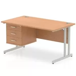 Image of Impulse 1400 Rectangle Silver Cant Leg Desk OAK 1 x 3 Drawer Fixed Ped