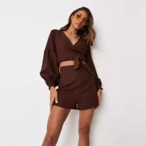 image of Missguided Wrap Balloon Sleeve Top - Brown