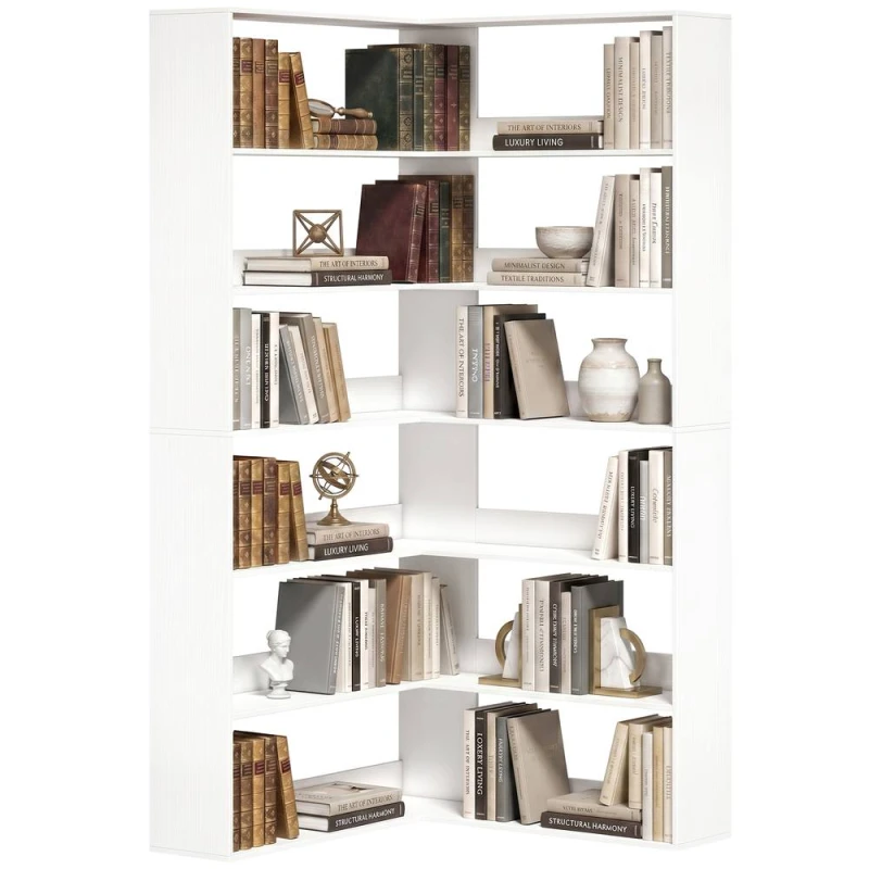 Image of HOMCOM 7 Tiers Corner Bookshelf, L-Shaped, White Wood Effect White Unisex