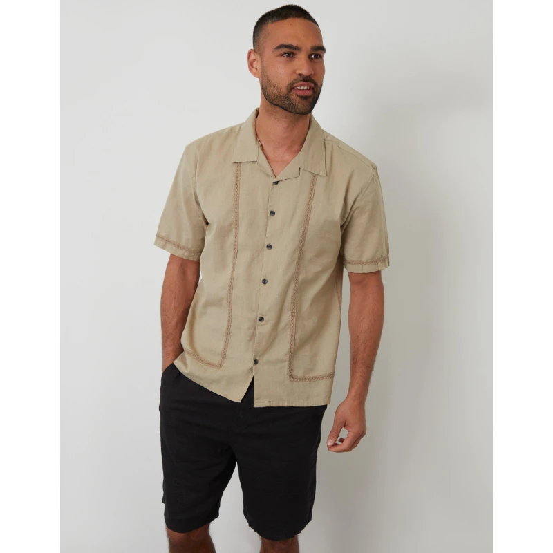 Image of Threadbare Linen Blend Lace Trim Relaxed Fit Shirt Stone male XXL