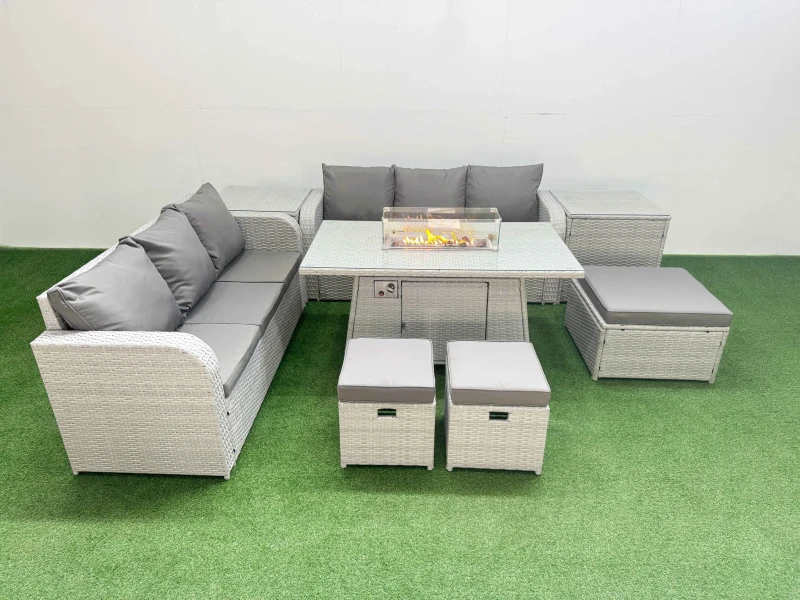 Image of Fimous Outdoor Garden Furniture Sets 9 Seater Wicker Rattan Furniture Sofa Sets with Firepit Dining Table high Back Lounge Sofa 3 Stools 2 Side Table