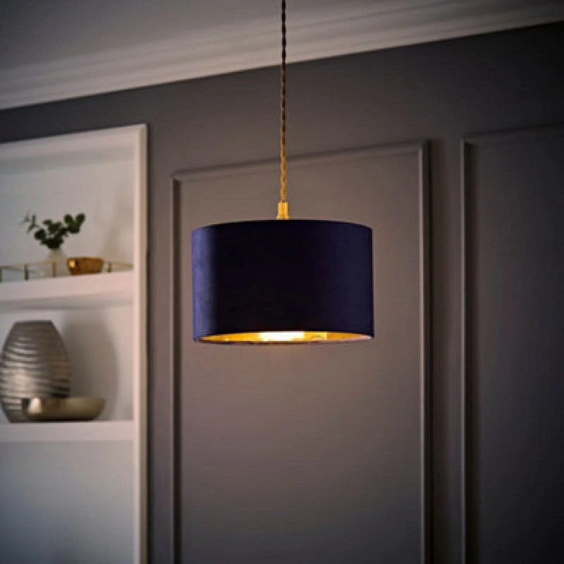 Image of ValueLights ValueLights Reni Navy Velvet with Gold Inner Easy Fit Ceiling Lamp Shade and Bulb in Dark Navy Size: Small Dark Navy Small Unisex 505940