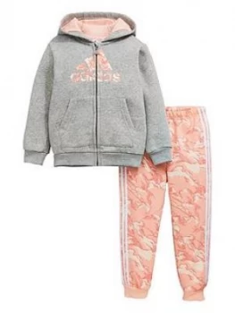 Image of Boys, adidas Infants Logo Full Zip Hood Fleece and Joggers Set - Grey Heather, Size 9-12 Months