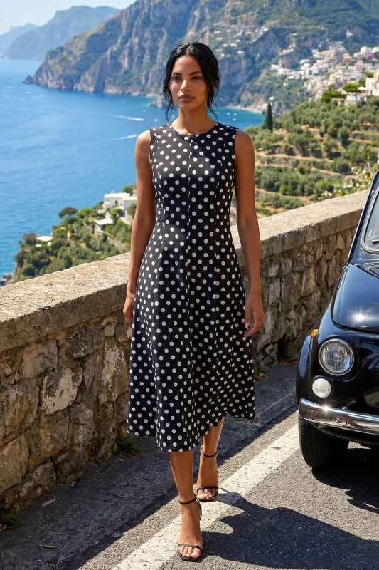 Image of Roman Womens Polka Dot Panel Midi Dress in Black Size: 14 Black Female 14