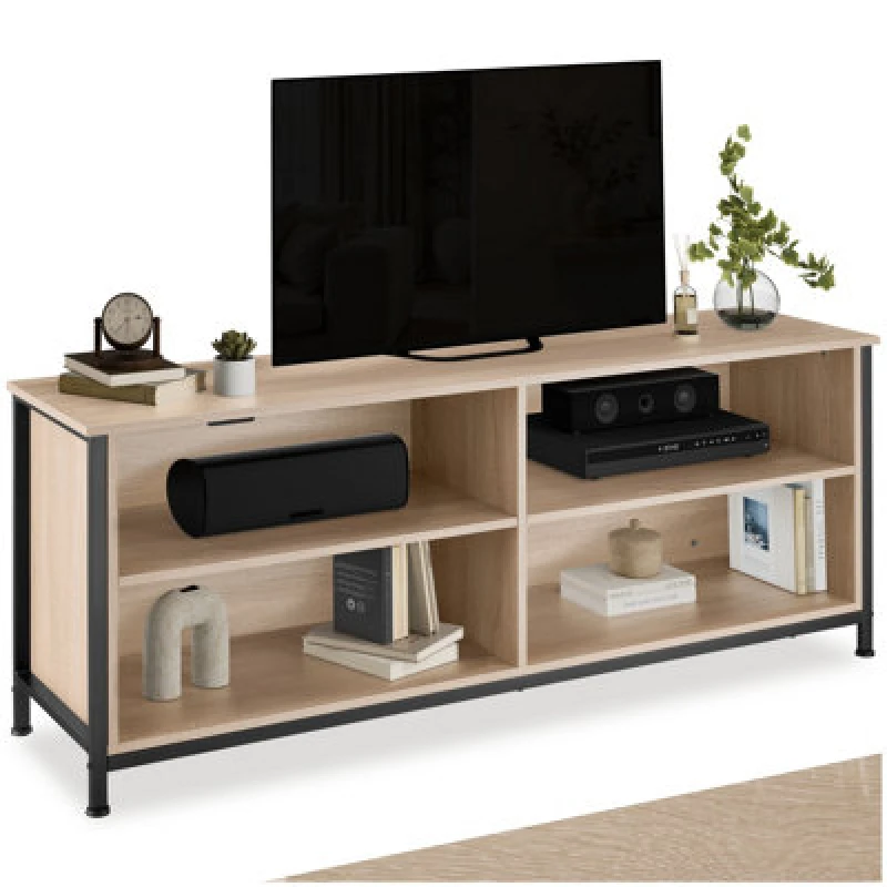Image of Tectake TV Stand Navan - 4 Open Compartments, 2 Adjustable Shelves, 4 Cable Cutouts 147cm - Industrial Wood Light, Oak Sonoma