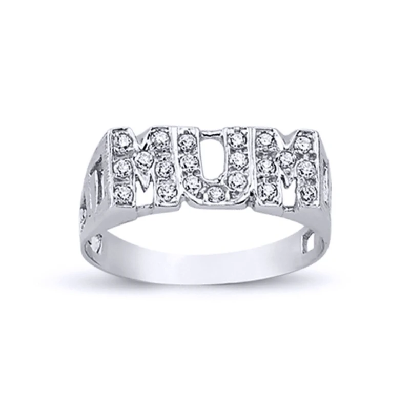 Image of Jewelco London Rhodium Plated Silver Round CZ MUM Signet ID Ring 8mm - ARN101 Silver