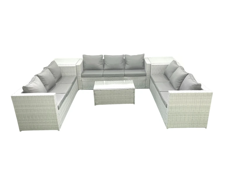 Image of Fimous Rattan Garden Outdoor Furniture Set 9 Seater Garden Sofa Coffee Table Set with 2 Side Tables Light Grey Mixed Light Grey