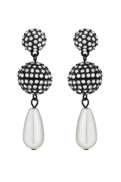 image of Hematite Crystal Disco Ball Pearl Charm Drop Earrings