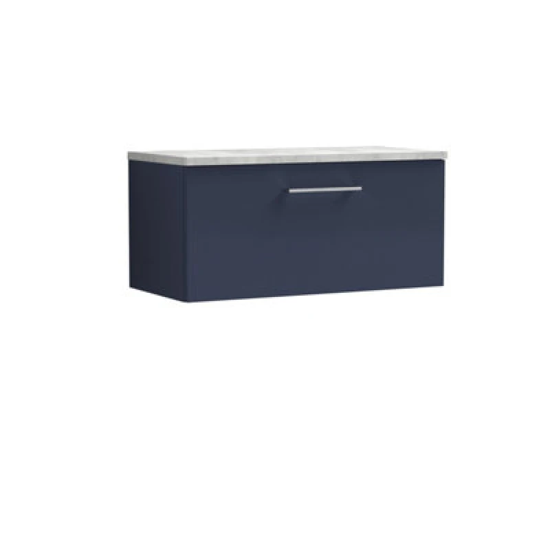 Image of Nuie Arno Wall Hung 1-Drawer Vanity & Bellato Grey Laminate Worktop, Stylish Counter Top Vanity Unit In Midnight Blue, 800mm