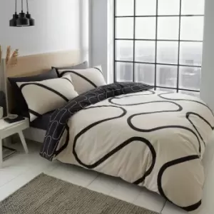 Image of Catherine Lansfield - Linear Curve Geometric Print Easy Care Reversible Duvet Cover Set, Black, Double
