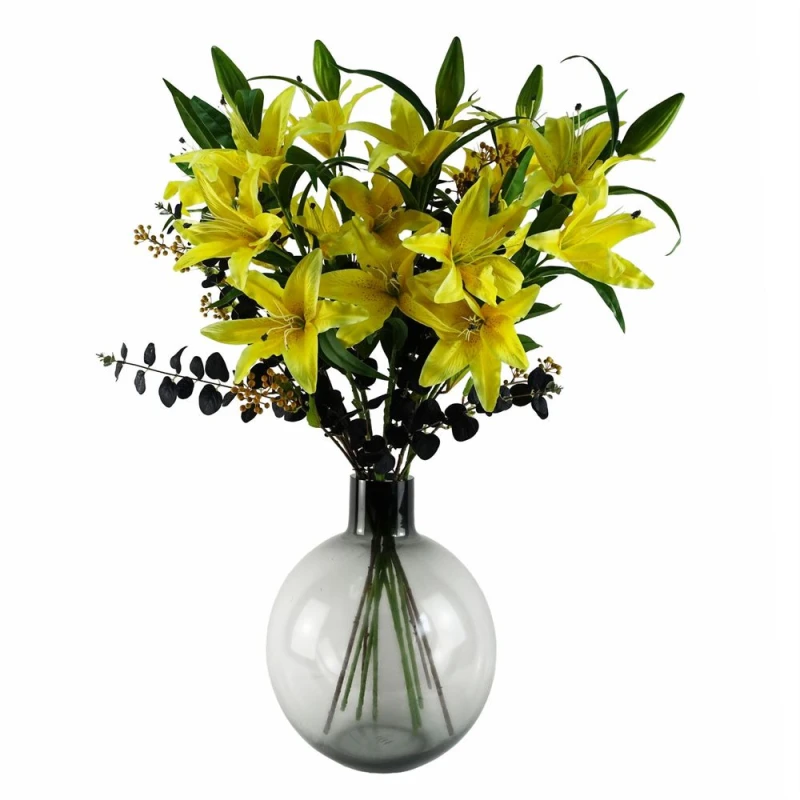 Image of Leaf 100cm Yellow Lily Black Eucalptus Glass Ball Vase Yellow Unisex