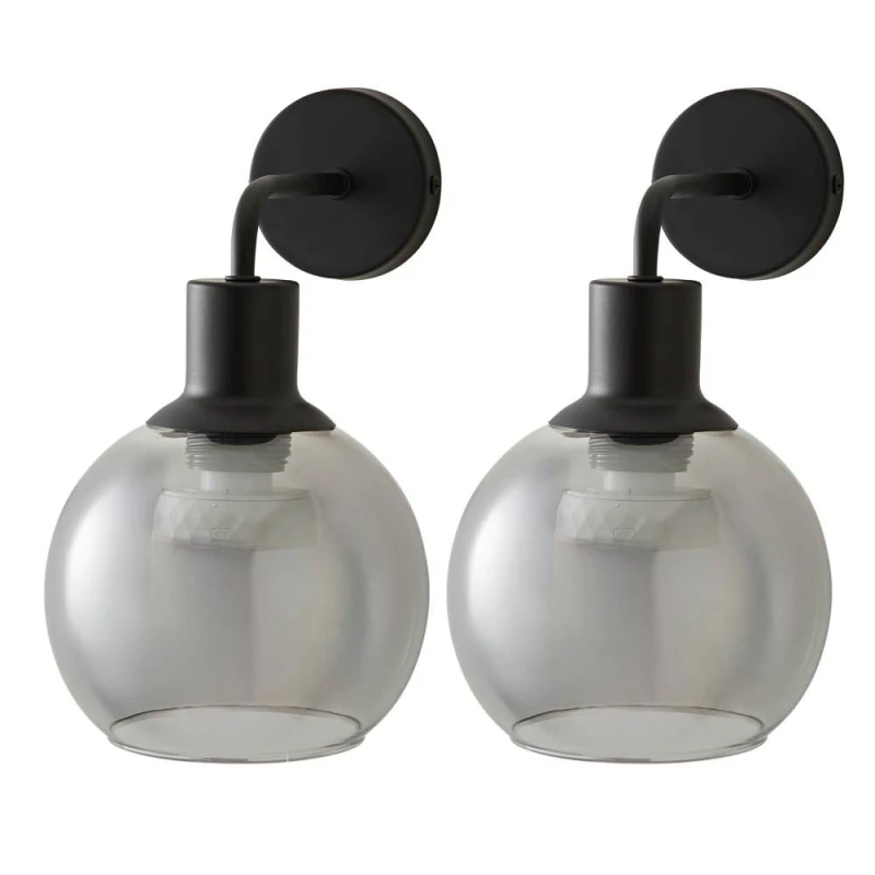 Image of ValueLights Bellamy Pair of Globe Glass Shade Rechargeable Wall Lights in Black Unisex