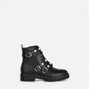 Image of Missguided Pearl Trim Strap Stud Sole Biker Boot - Black